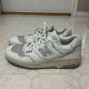 New Balance 550s in white, beige, and gray colorway